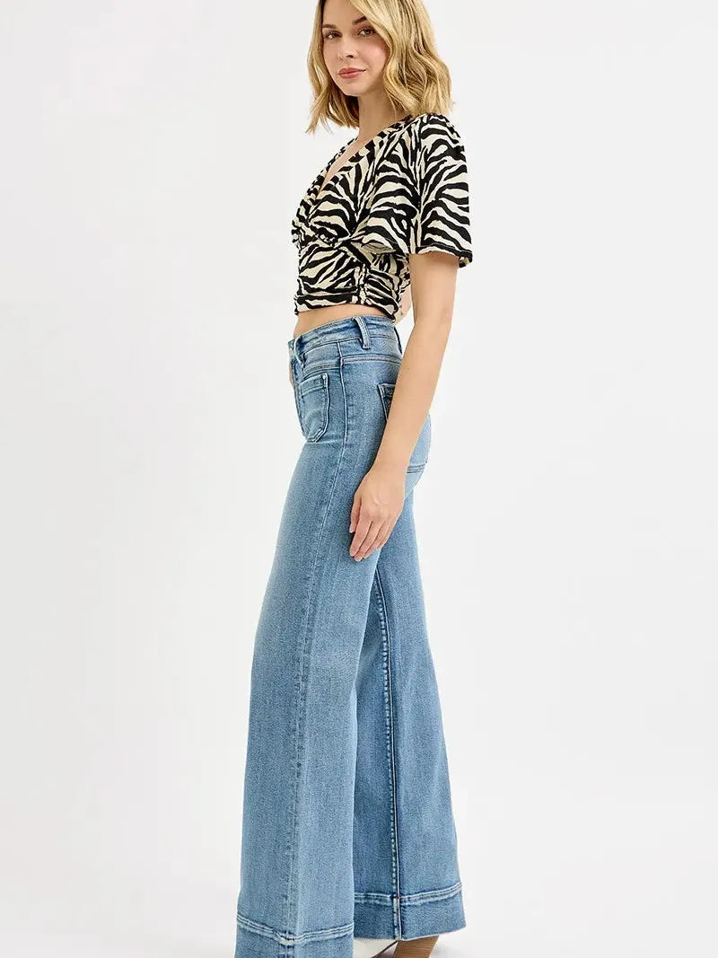 Risen Groove Revival High Rise Wide Flare Patch Pocket Jeans Plus-Women's Jeans-Shop Z & Joxa