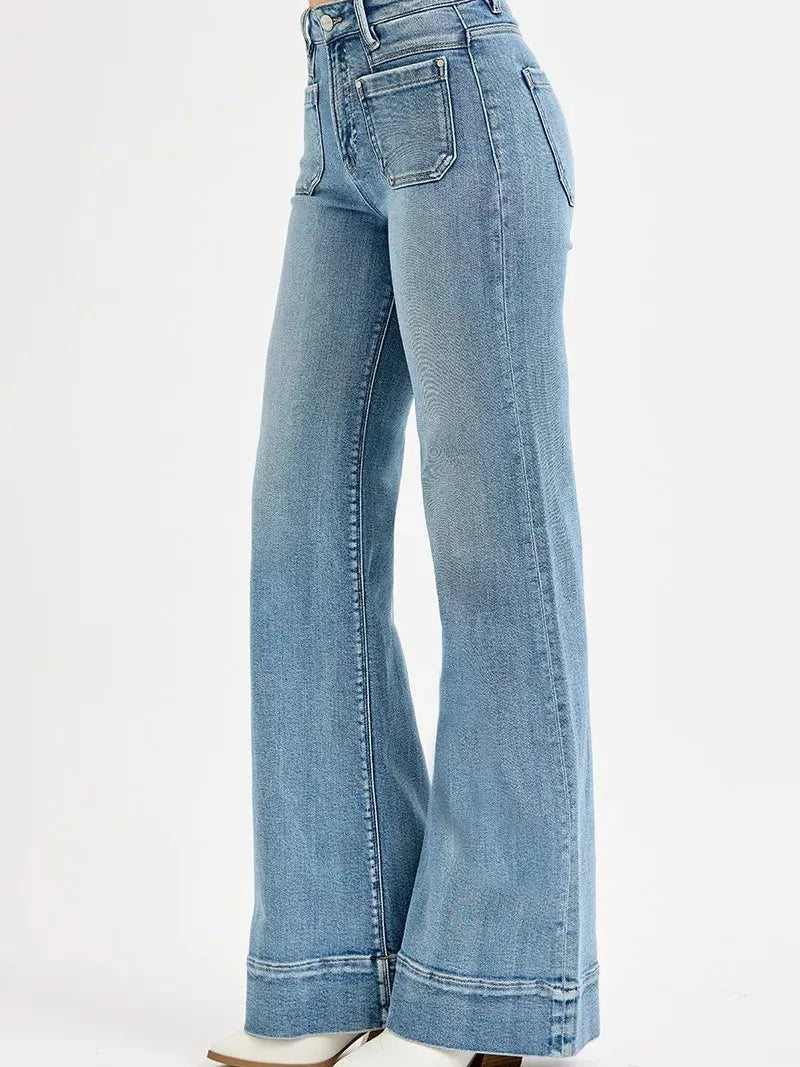 Risen Groove Revival High Rise Wide Flare Patch Pocket Jeans Plus-Women's Jeans-Shop Z & Joxa