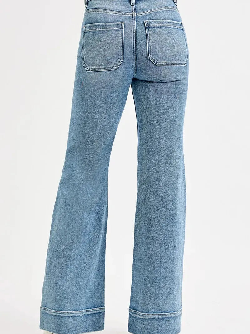 Risen Groove Revival High Rise Wide Flare Patch Pocket Jeans Plus-Women's Jeans-Shop Z & Joxa
