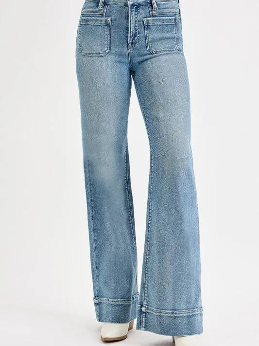 Risen Groove Revival High Rise Wide Flare Patch Pocket Jeans-Women's Jeans-Shop Z & Joxa