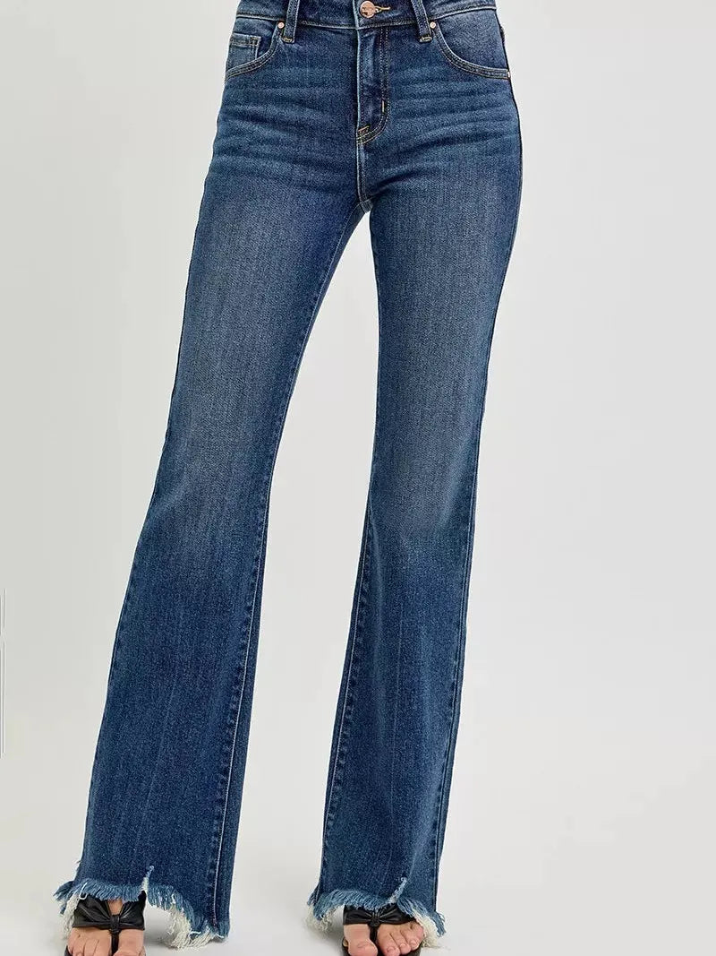 Risen Indigo Flare Frayed Hem Mid Rise Dark Wash Jeans-Women's Jeans-Shop Z & Joxa