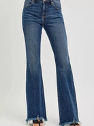 Risen Indigo Flare Frayed Hem Mid Rise Dark Wash Jeans-Women's Jeans-Shop Z & Joxa