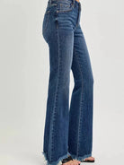 Risen Indigo Flare Frayed Hem Mid Rise Dark Wash Jeans-Women's Jeans-Shop Z & Joxa