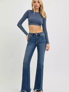 Risen Indigo Flare Frayed Hem Mid Rise Dark Wash Jeans-Women's Jeans-Shop Z & Joxa