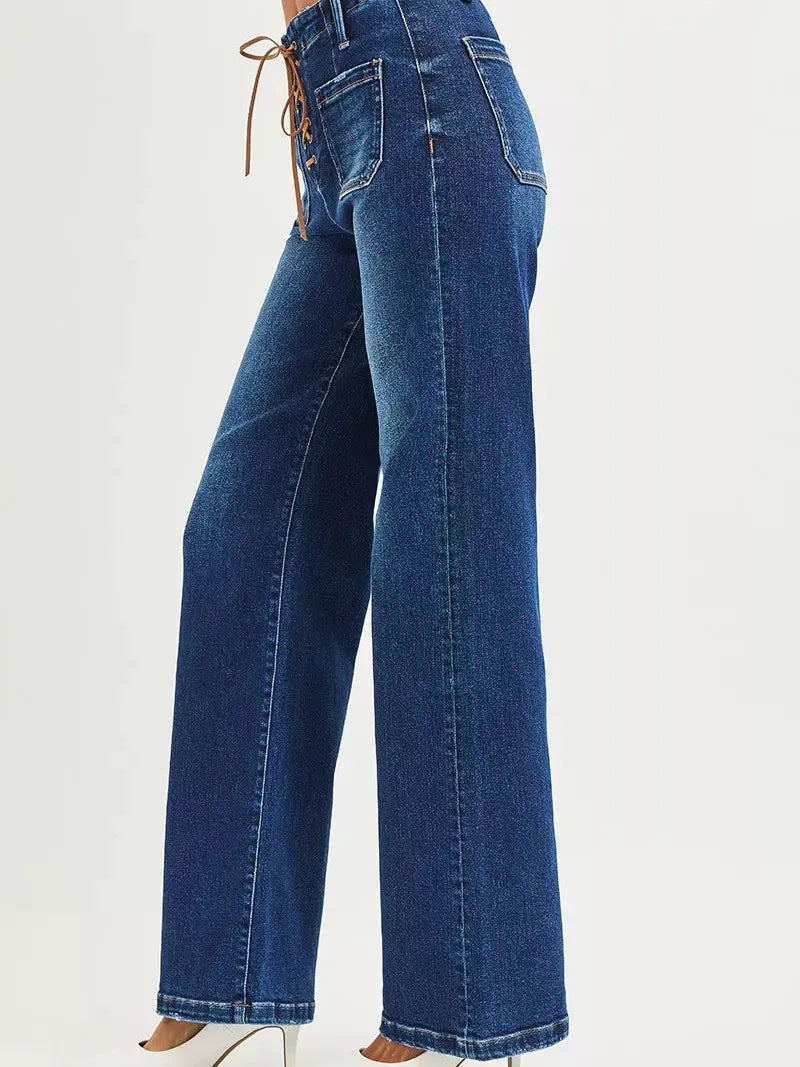 Risen Knot Your Average High Rise Wide Leg Front Tie Jeans-Women's Jeans-Shop Z & Joxa
