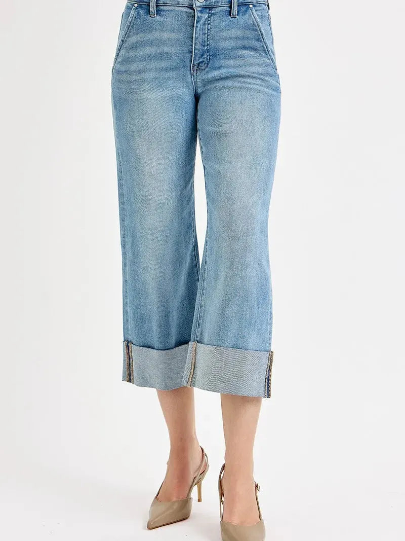 Risen Light Wash Luxe High-Rise Wide Leg Cuff Jeans-Women's Jeans-Shop Z & Joxa