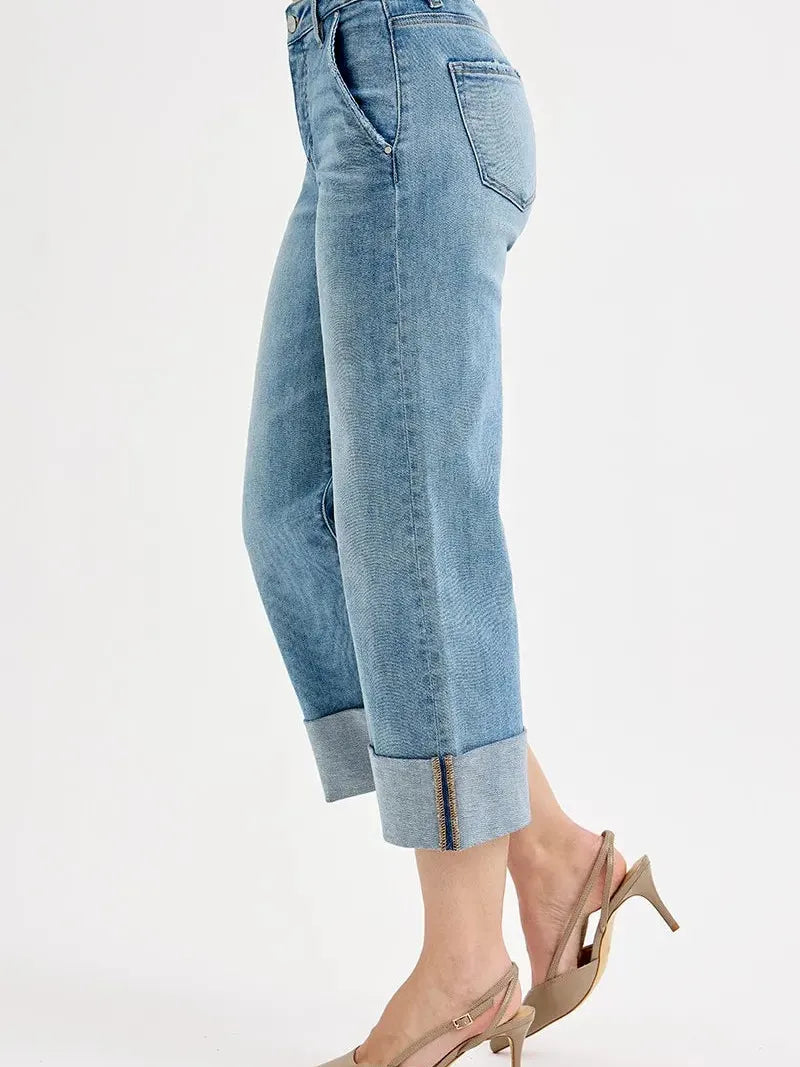 Risen Light Wash Luxe High-Rise Wide Leg Cuff Jeans-Women's Jeans-Shop Z & Joxa