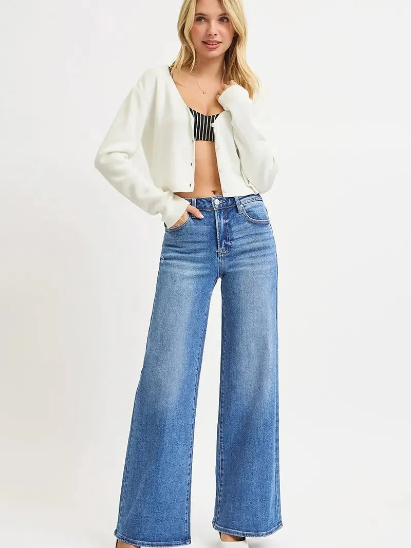 Risen LuxeEase High Rise Wide Leg Jeans in Medium Stone-Women's Jeans-Shop Z & Joxa