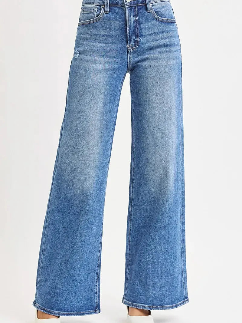 Risen LuxeEase High Rise Wide Leg Jeans in Medium Stone-Women's Jeans-Shop Z & Joxa