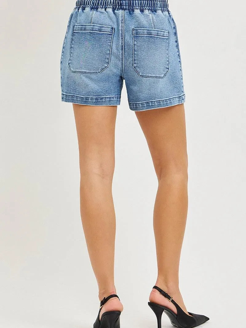 Risen Midday Stars Elastic Slouchy Denim Shorts with Stars-Women's Shorts-Shop Z & Joxa