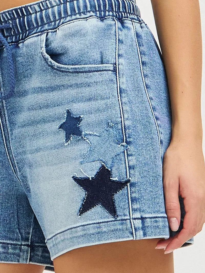Risen Midday Stars Elastic Slouchy Denim Shorts with Stars-Women's Shorts-Shop Z & Joxa