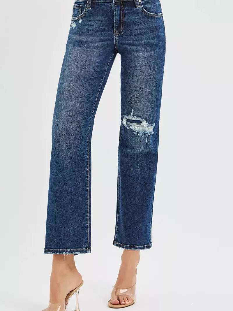 Risen Midnight Edge High Rise Slim Straight Cropped Jeans-Women's Jeans-Shop Z & Joxa