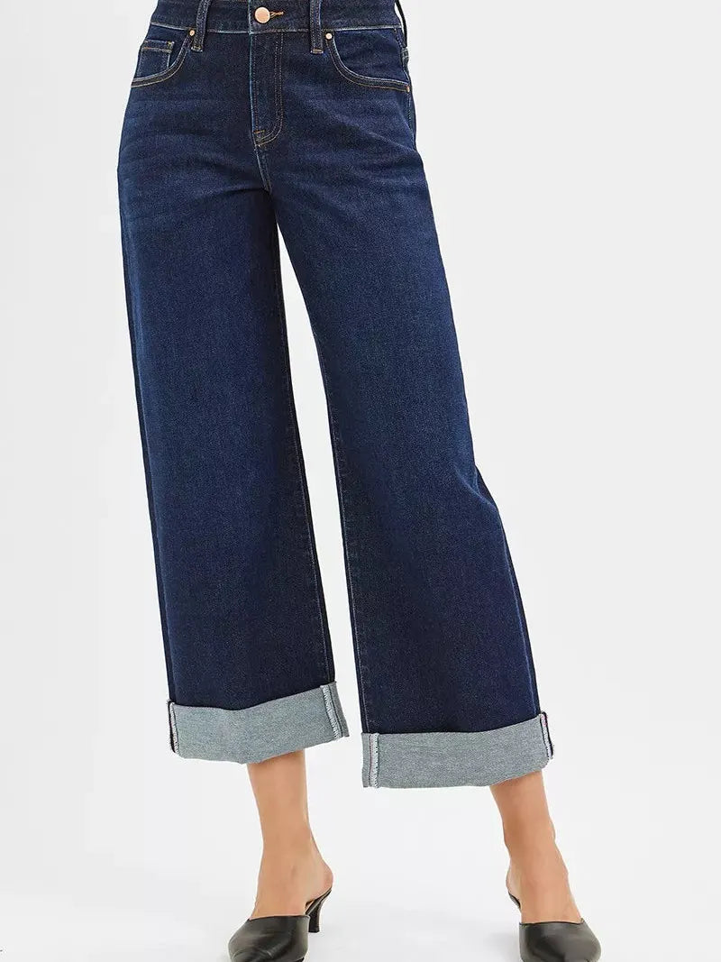 Risen Midnight Flip Mid Rise Fit Ankle Wide Roll Up Jeans-Women's Jeans-Shop Z & Joxa