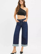 Risen Midnight Flip Mid Rise Fit Ankle Wide Roll Up Jeans-Women's Jeans-Shop Z & Joxa