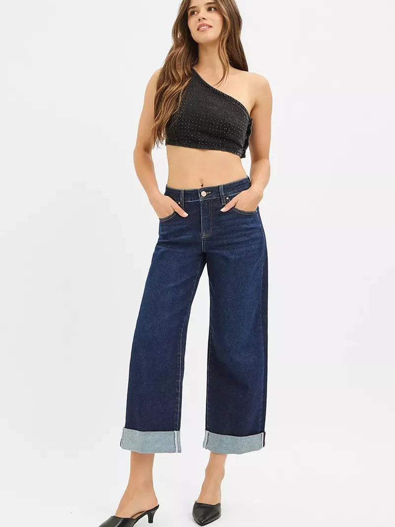 Risen Midnight Flip Mid Rise Fit Ankle Wide Roll Up Jeans-Women's Jeans-Shop Z & Joxa