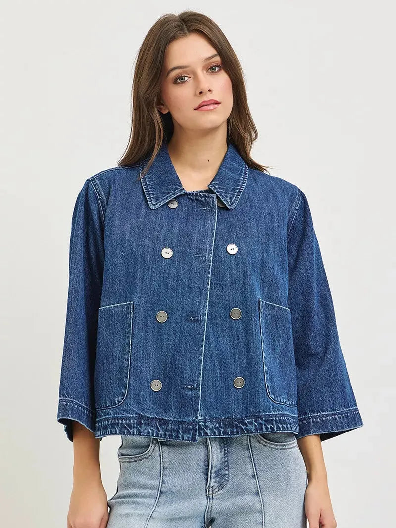 Risen Midnight Muse Double-Breasted Flowy Cropped Denim Jacket-Coats & Jackets-Shop Z & Joxa