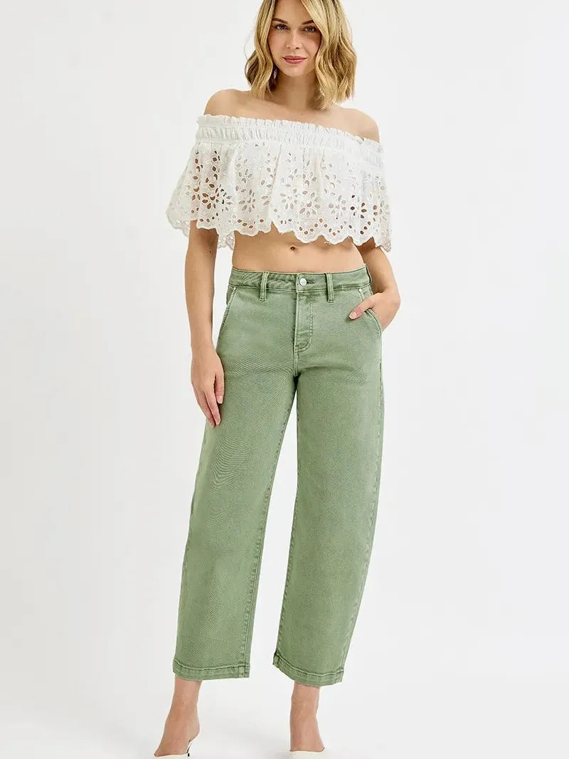 Risen Olive Edge Tummy Control High-Rise Barrel Jeans-Women's Jeans-Shop Z & Joxa