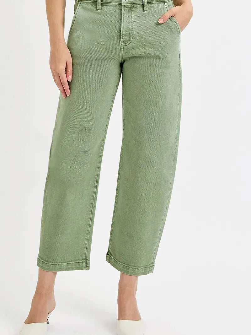 Risen Olive Edge Tummy Control High-Rise Barrel Jeans-Women's Jeans-Shop Z & Joxa