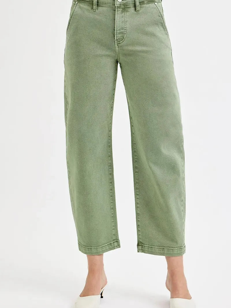 Risen Olive Edge Tummy Control High-Rise Barrel Jeans-Women's Jeans-Shop Z & Joxa
