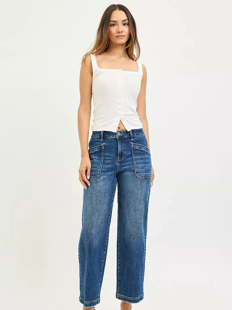 Risen Patch Perfect Slouchy Baggy Patch Pocket Crop Jeans-Women's Jeans-Shop Z & Joxa