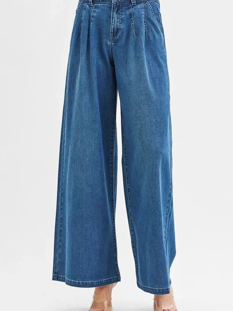 Risen PleatWave High Waist Wide Leg Jeans in Medium Wash-Women's Jeans-Shop Z & Joxa