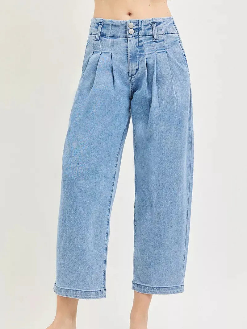 Risen Pleats Please Slouchy Crop Barrel Pleated Jeans-Women's Jeans-Shop Z & Joxa