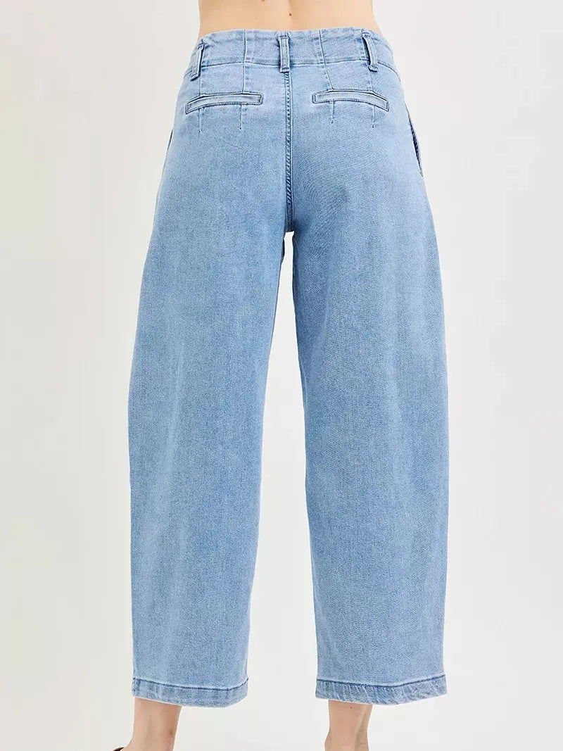 Risen Pleats Please Slouchy Crop Barrel Pleated Jeans-Women's Jeans-Shop Z & Joxa