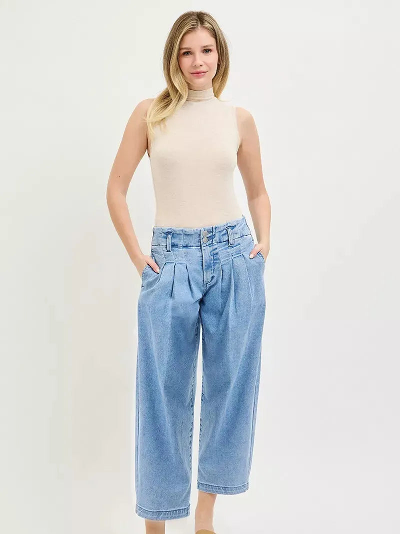 Risen Pleats Please Slouchy Crop Barrel Pleated Jeans-Women's Jeans-Shop Z & Joxa