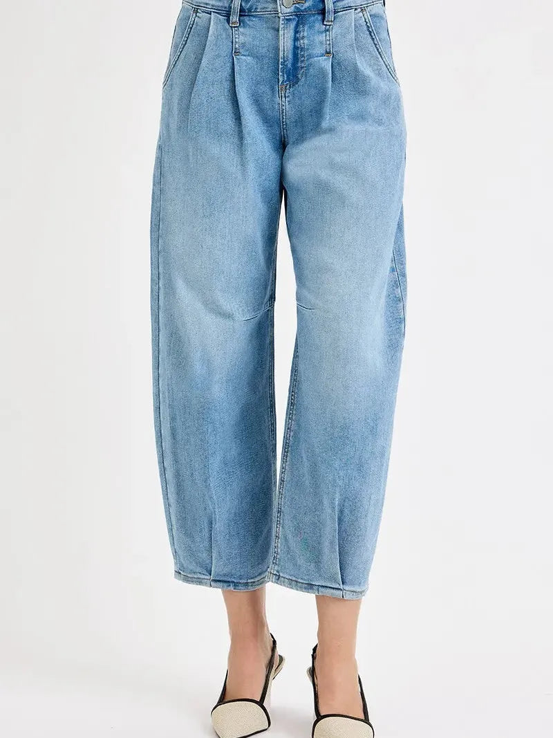 Risen Pleats to Meet You Cropped Mid-rise Wide Volume Leg Jeans-Women's Jeans-Shop Z & Joxa