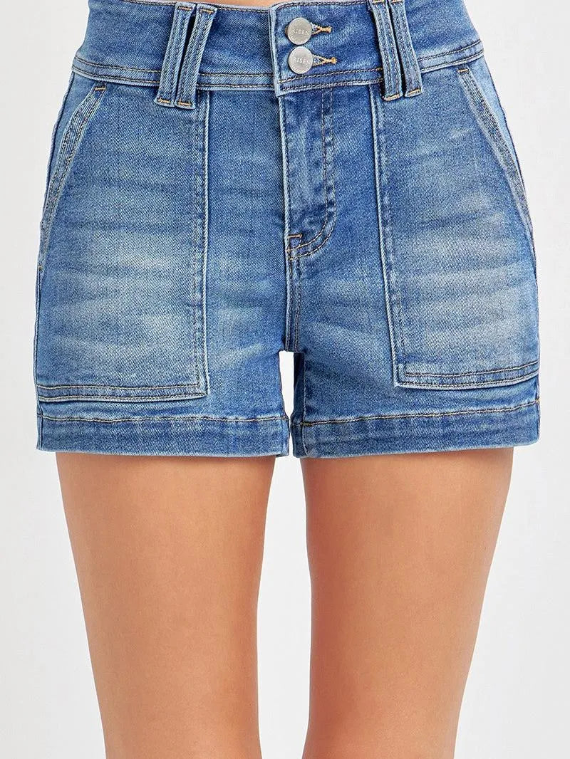 Risen Pocket Drift High Rise Front Patch Pockets Jean Shorts-Women's Shorts-Shop Z & Joxa