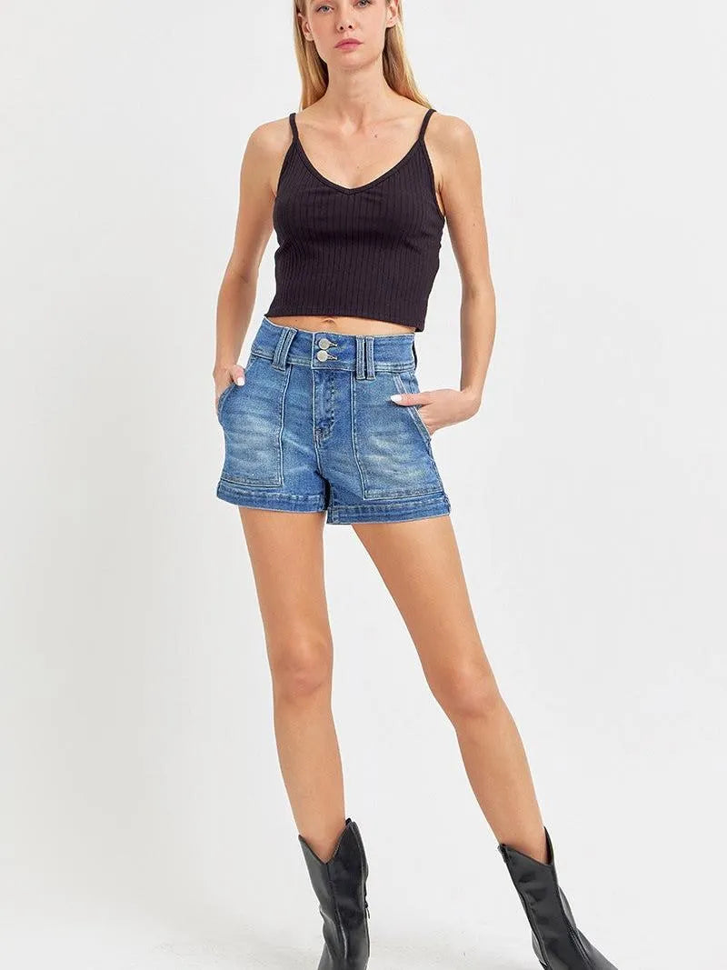 Risen Pocket Drift High Rise Front Patch Pockets Jean Shorts-Women's Shorts-Shop Z & Joxa