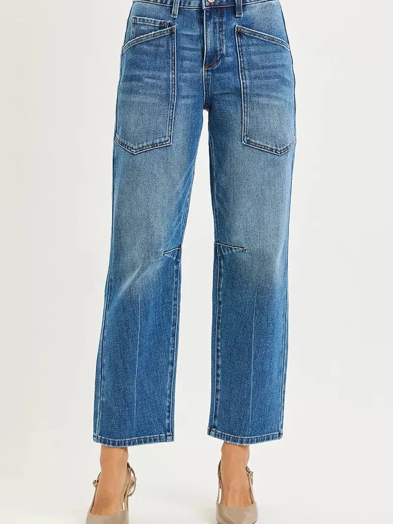 Risen Pocket Mischief Mid Rise Patch Pocket Barrel Jeans-Women's Jeans-Shop Z & Joxa