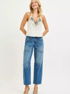 Risen Pocket Mischief Mid Rise Patch Pocket Barrel Jeans-Women's Jeans-Shop Z & Joxa