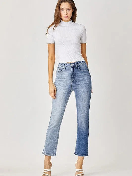 Risen | Remain a Classic Two-Tone High Rise Straight Leg Jeans-Women's Clothing-Shop Z & Joxa