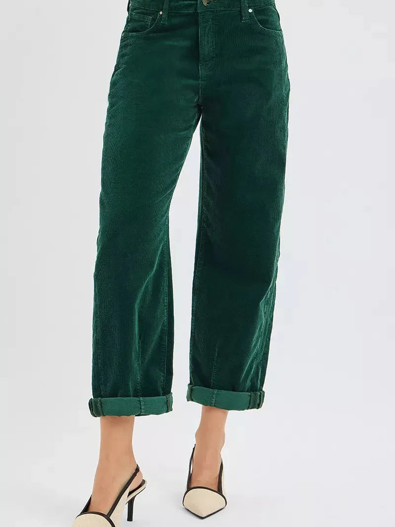 Risen Retro Crush High Rise Crop Barrel Corduroy Pants Green-Women's Jeans-Shop Z & Joxa