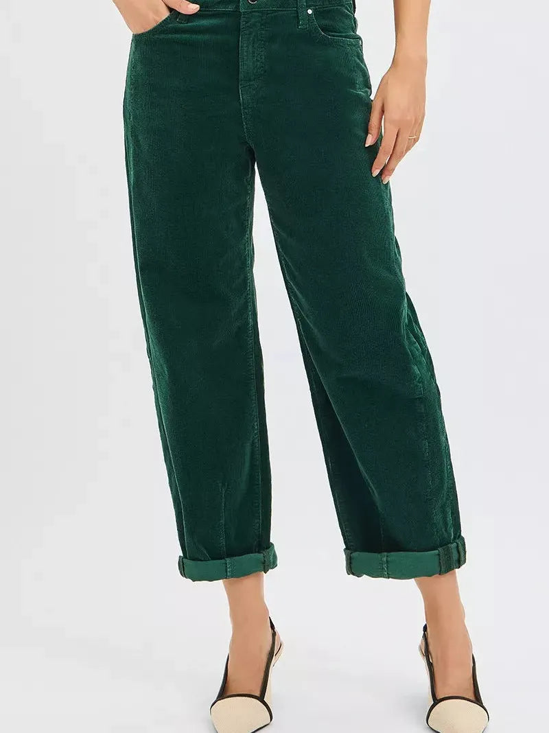 Risen Retro Crush High Rise Crop Barrel Corduroy Pants Green-Women's Pants-Shop Z & Joxa