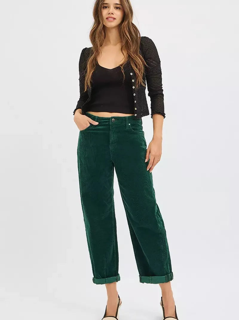 Risen Retro Crush High Rise Crop Barrel Corduroy Pants Green-Women's Pants-Shop Z & Joxa