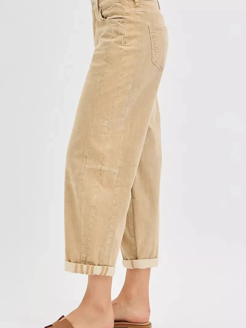 Risen Retro Crush High Rise Crop Barrel Corduroy Pants Sand-Women's Jeans-Shop Z & Joxa