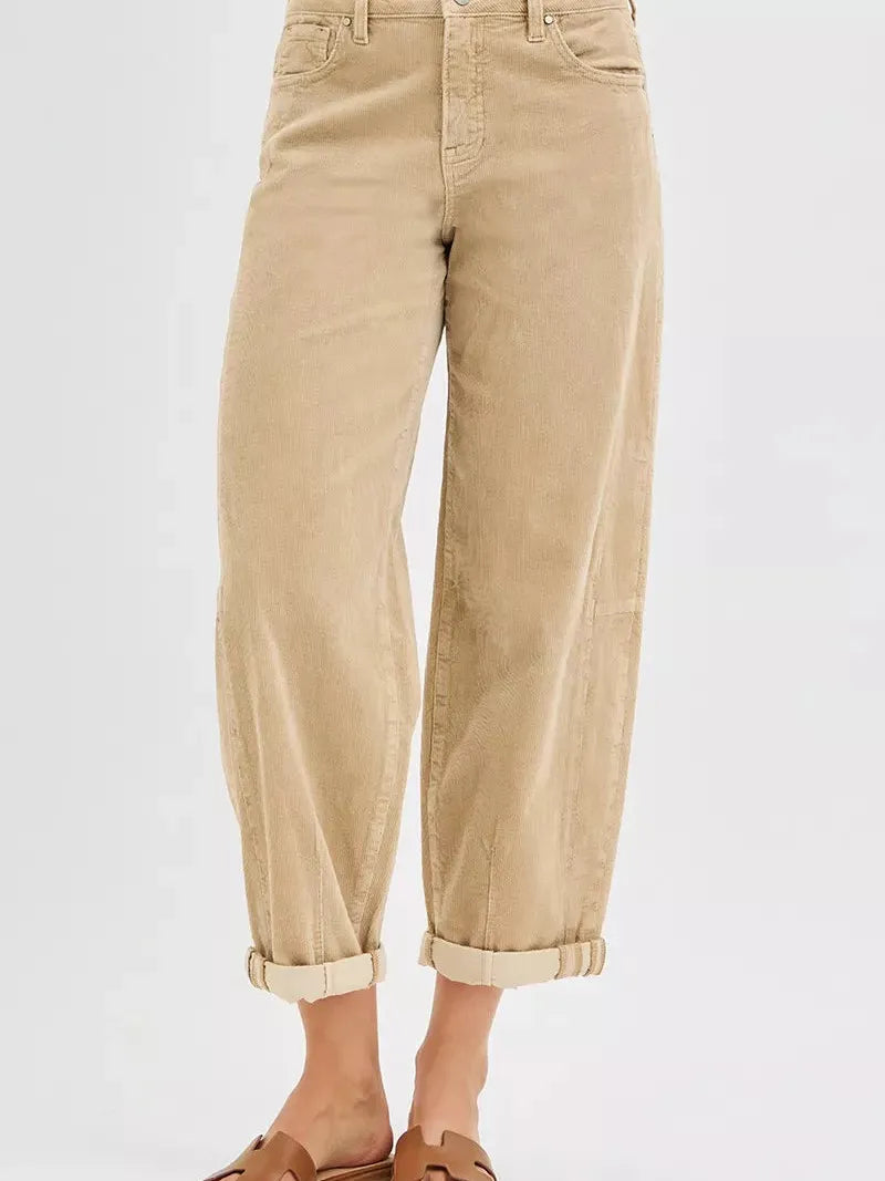Risen Retro Crush High Rise Crop Barrel Corduroy Pants Sand-Women's Jeans-Shop Z & Joxa