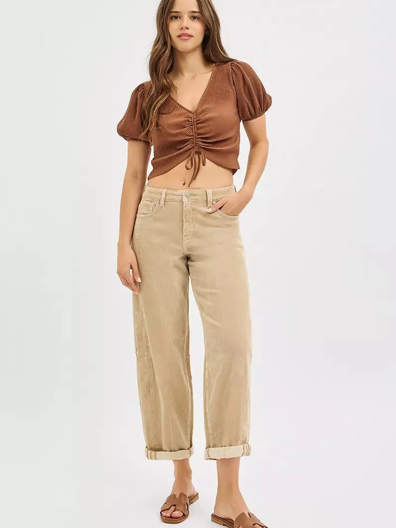 Risen Retro Crush High Rise Crop Barrel Corduroy Pants Sand-Women's Jeans-Shop Z & Joxa