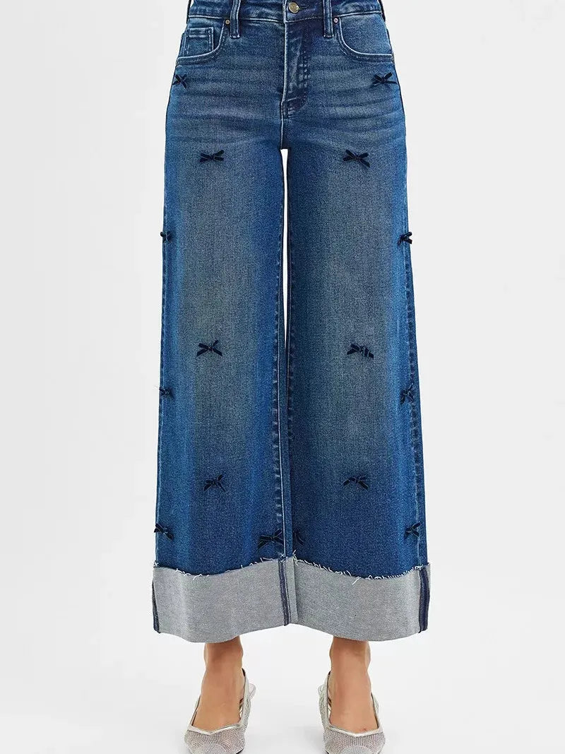 Risen Ribbon Crush High Rise Crop Wide Leg Ribbon Detail Jeans-Women's Jeans-Shop Z & Joxa