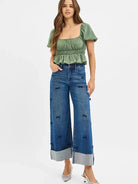 Risen Ribbon Crush High Rise Crop Wide Leg Ribbon Detail Jeans-Women's Jeans-Shop Z & Joxa