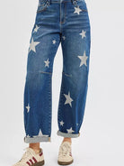 Risen Rising Star Mid Rise Relaxed Ankle Star Print Barrel Jeans-Women's Jeans-Shop Z & Joxa