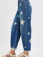 Risen Rising Star Mid Rise Relaxed Ankle Star Print Barrel Jeans-Women's Jeans-Shop Z & Joxa