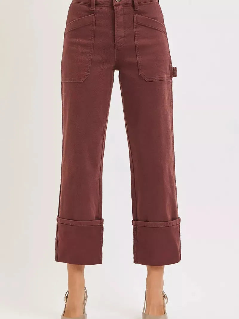 Risen Rustic Charm Rise Wide Straight Cuffed Patch Cargo Jeans-Jeans-Shop Z & Joxa