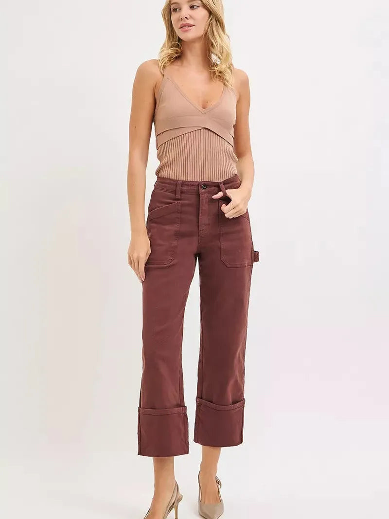 Risen Rustic Charm Rise Wide Straight Cuffed Patch Cargo Jeans-Jeans-Shop Z & Joxa