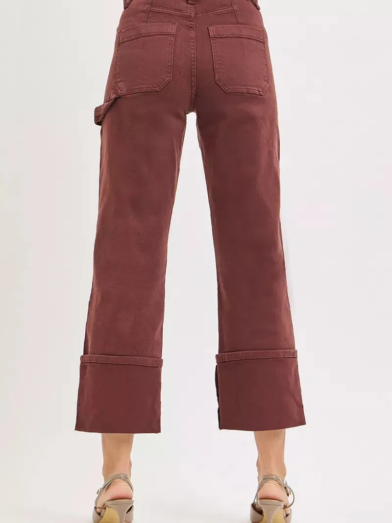 Risen Rustic Charm Rise Wide Straight Cuffed Patch Cargo Jeans-Women's Jeans-Shop Z & Joxa
