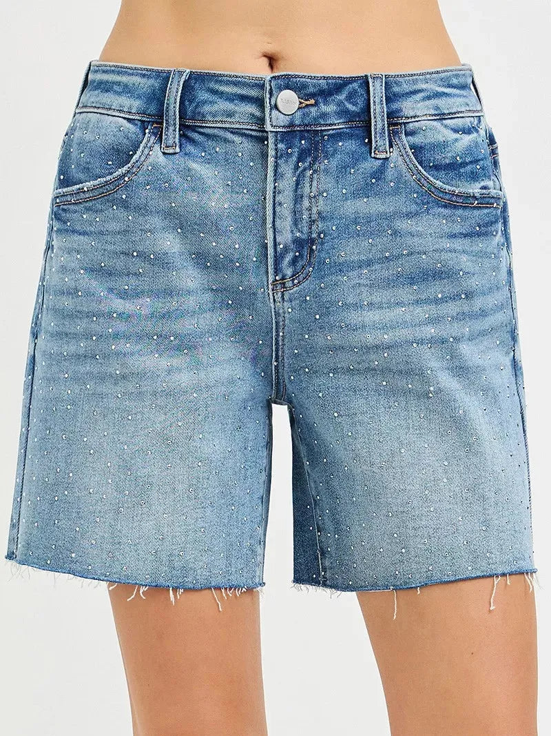 Risen Shine on Slouchy All Over Rhinestones Bermuda Shorts-Women's Shorts-Shop Z & Joxa