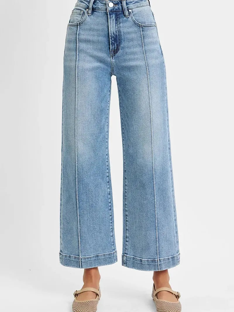 Risen Sky Stride High Rise Crop Wide Leg Jeans in Light Stone-Women's Jeans-Shop Z & Joxa