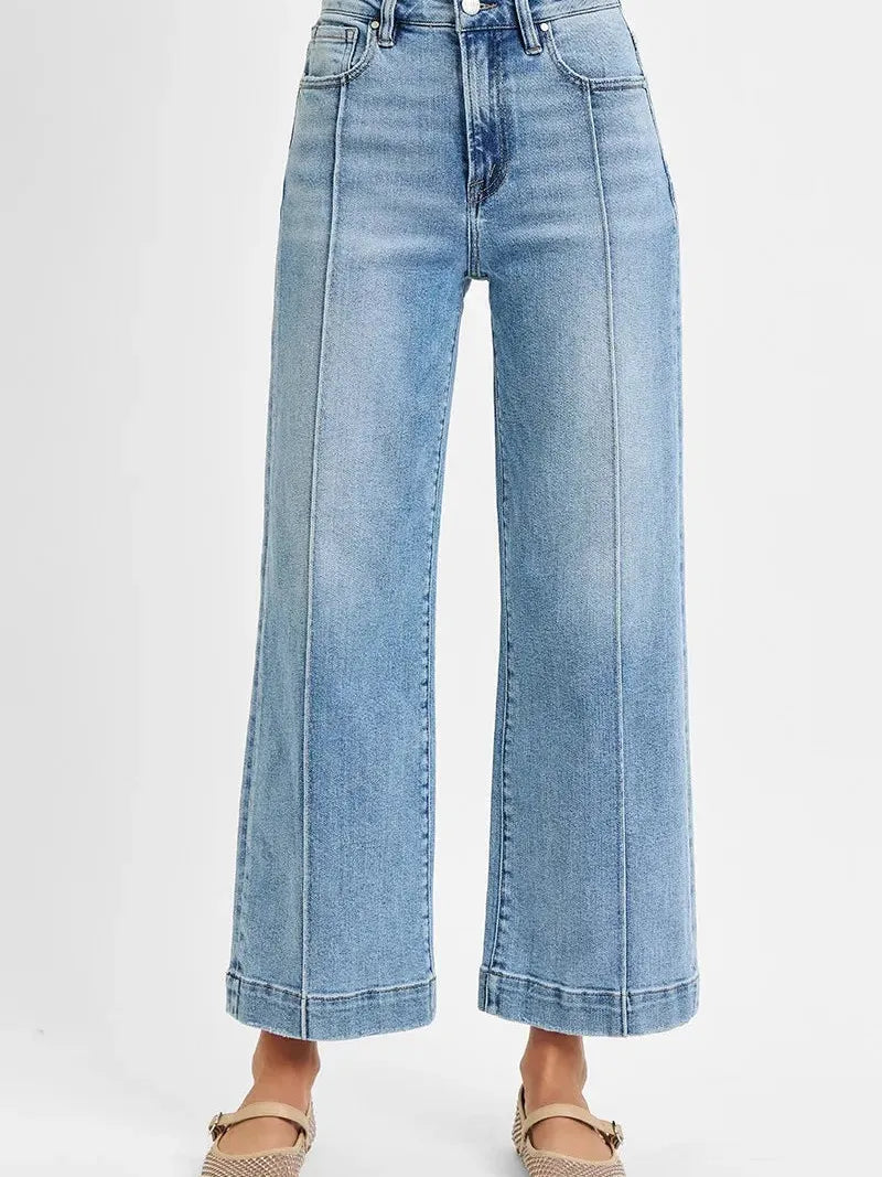 Risen Sky Stride High Rise Crop Wide Leg Jeans in Light Stone-Women's Jeans-Shop Z & Joxa